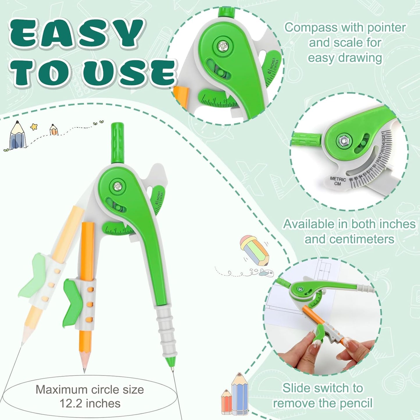 72 Pack Math Compass & Protractor Geometry Math Plastic Ruler Set Drawing Compass with Pencils 6 Inch Plastic Protractor for Geometry Bulk for Office Woodworking Art Drawing