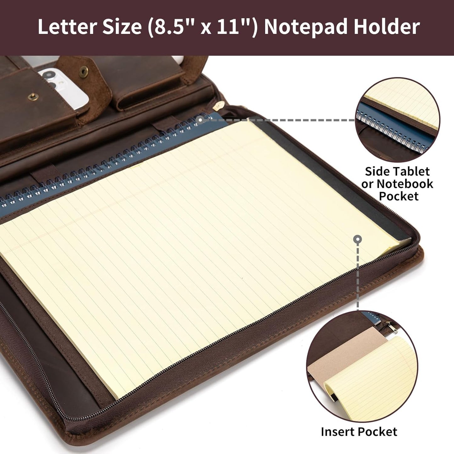 Genuine Leather Portfolio with Hidden Handle, Zippered Front Pocket, Business Padfolio for Men and Women, 8.5 x 11 Legal Pad Notebook Holder, Office Letter Notepad Folio, Dark Khaki
