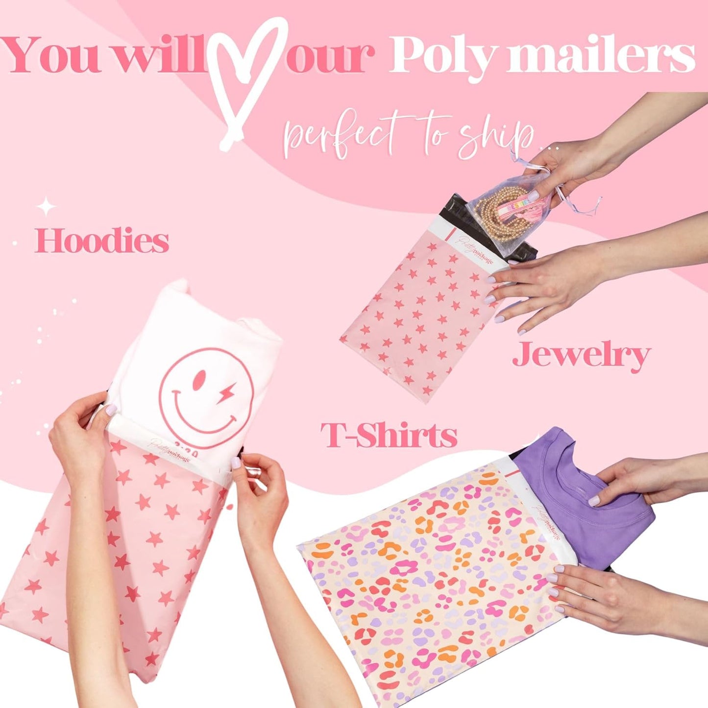 10x13 Designer Poly Mailer 100 Pack Heavy Duty Waterproof Self Seal Shipping Bags for Small Business Large Mailing Envelopes Bulk Tear Resistant Packaging Pink Bows Coquette