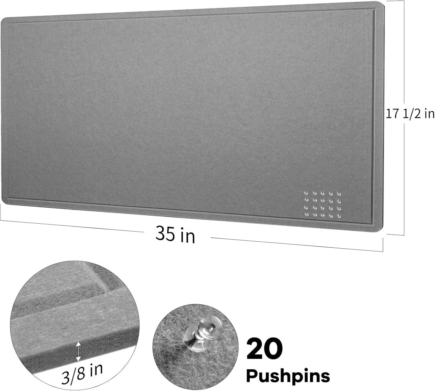 Bulletin Board, 35 x 17 1/2 inches Felt Board - Decorative Pin Board, Cork Board Alternative for Wall, Foldable Picture Board Self-Adhesive Vision Board Prayer Board with 20 Pushpins - Gray