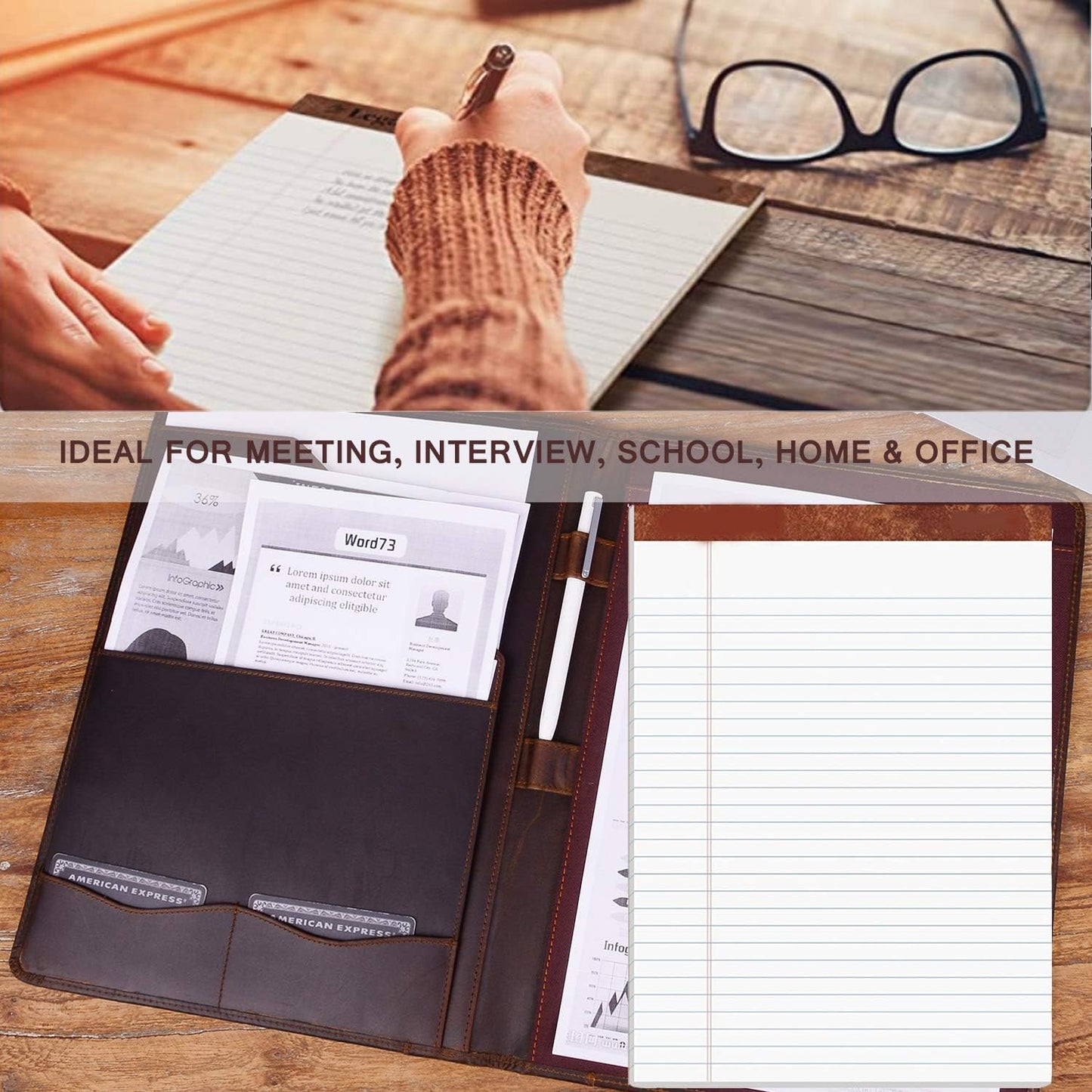 Jack&Chris Leather Portfolio, A4 Document Folder Legal Pad Padfolio, Professional Writing Letter Notepad Clipboard Sleeve Organizer, Resume Folio Binder for Men&Women,JC1823