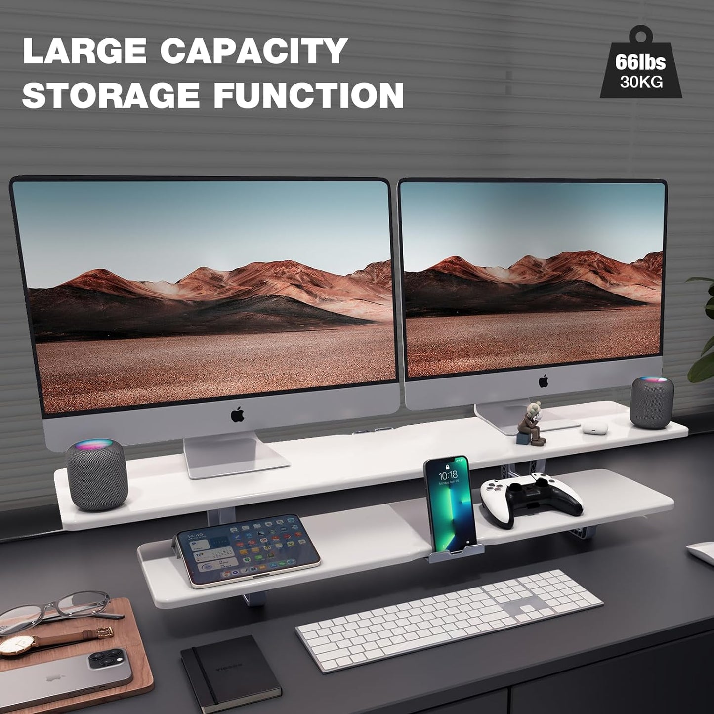 Dual Monitor Stand, 2-Tier Wood Monitor Riser with Storage Organizer and Cable Management, White