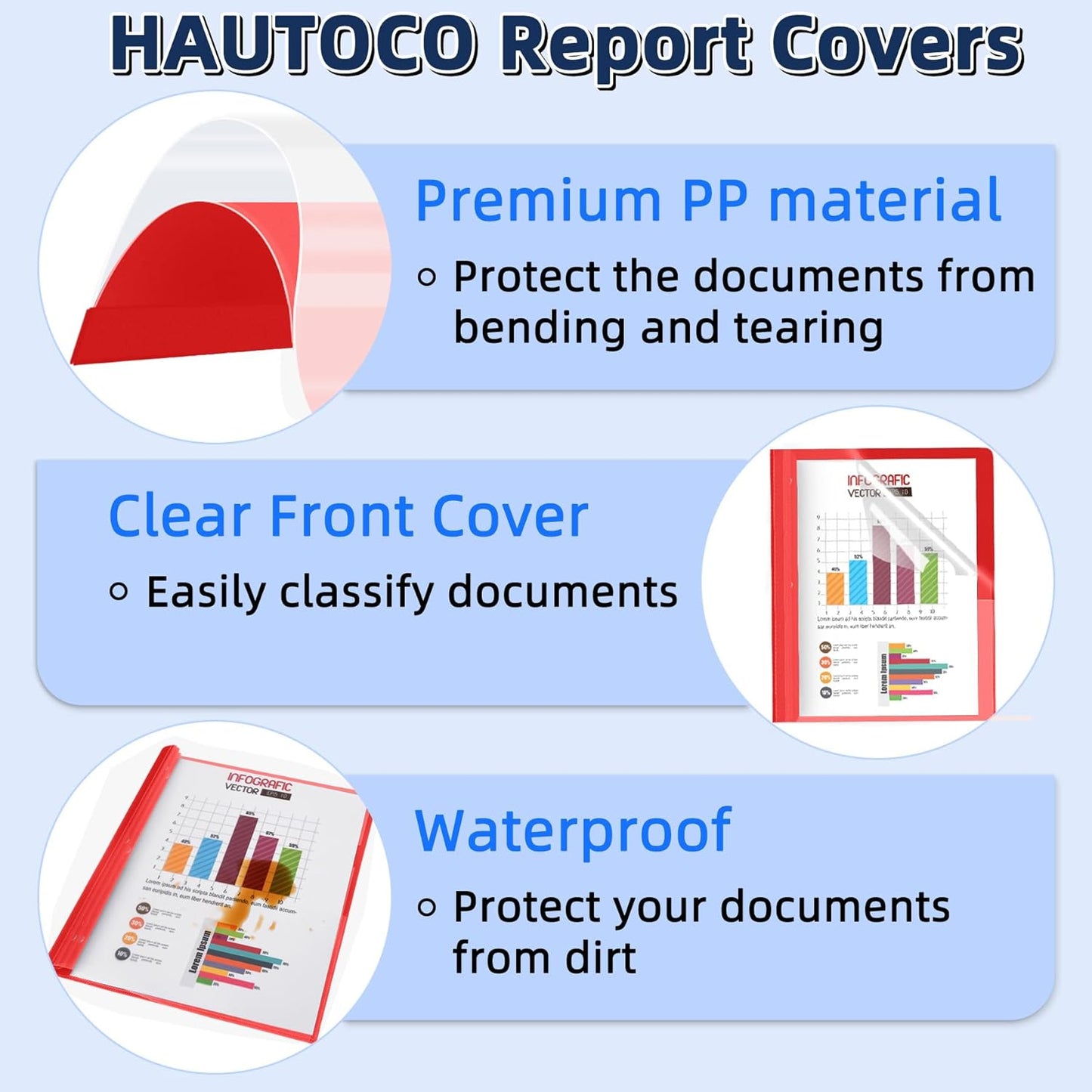HAUTOCO 30 Pack Plastic Report Covers with 3-Prong Fasteners Clear Front Presentation Folders Resume Folders for 8.5x11 Letter Size Paper, Document Report Cover for School Office Business, Red