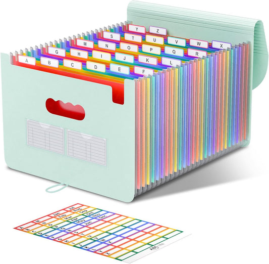 ABC life 26 Pockets Accordion File Organizer, Expanding File Folder, Portable Monthly Paper Bill Tax Receipt Organizer, Letter A4 Size Document Organizer with Blank Labels - Sage Green