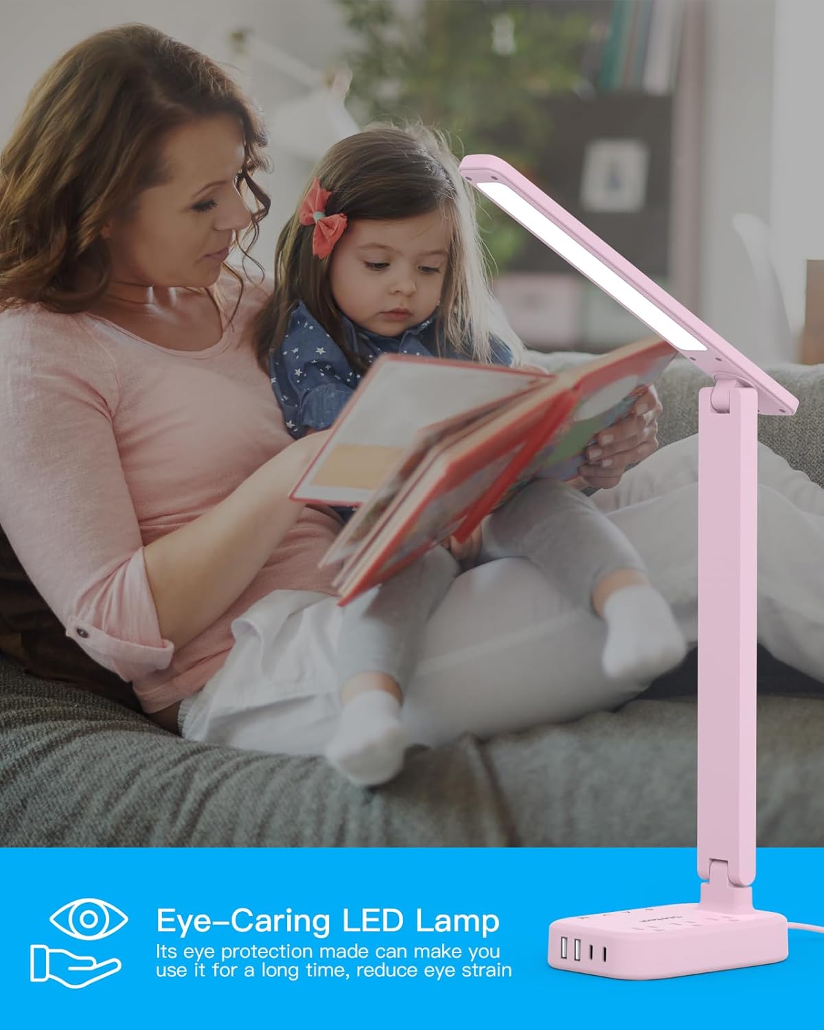 Dorm Room Essentials for Girls, Pink Power Strip with LED Desk Lamp, 3 Outlets 4 USB Ports, 4 Modes 5 Level Touch Lamp Small Desk Lamp for Home Office Bedroom Study Reading Light, 5ft Extension Cord