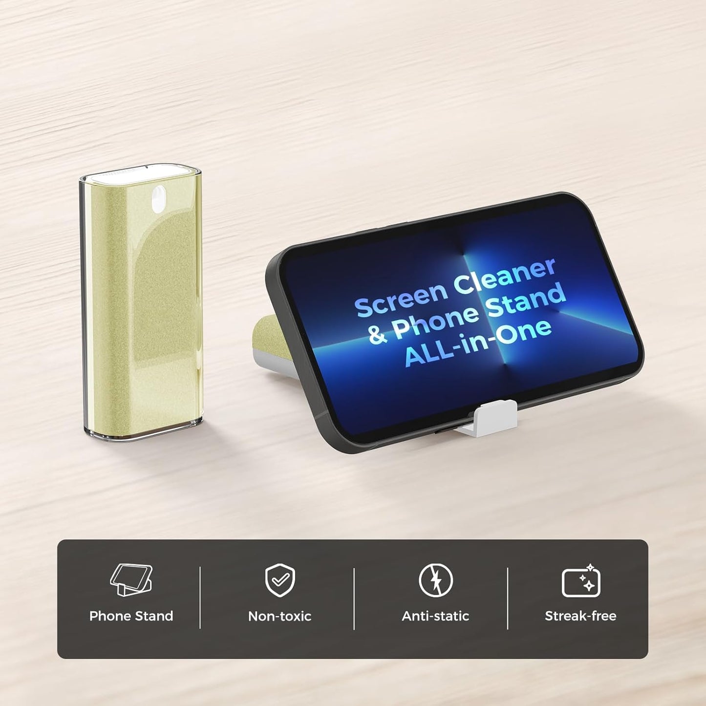 CLICK CLEAN Touchscreen Mist Cleaner, Screen Cleaner, All in One Screen Cleaner Spray with Microfiber and Phone Stand for All Phones, Laptop and Tablet Screens (Beige)