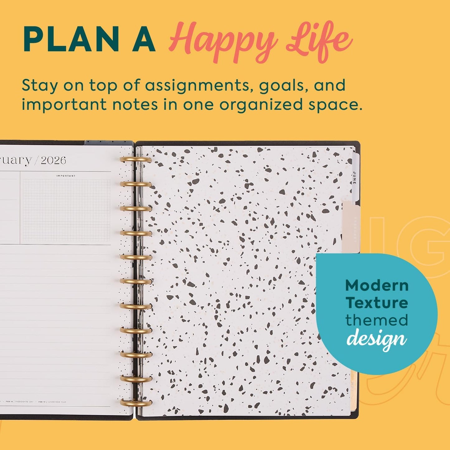 Happy Planner Disc-Bound Planner Jan.–Dec. 2026, Includes 3 Extra Months and 2 Sticker Sheets, Big Size, 8.5" x 11", Horizontal Layout, Modern Texture