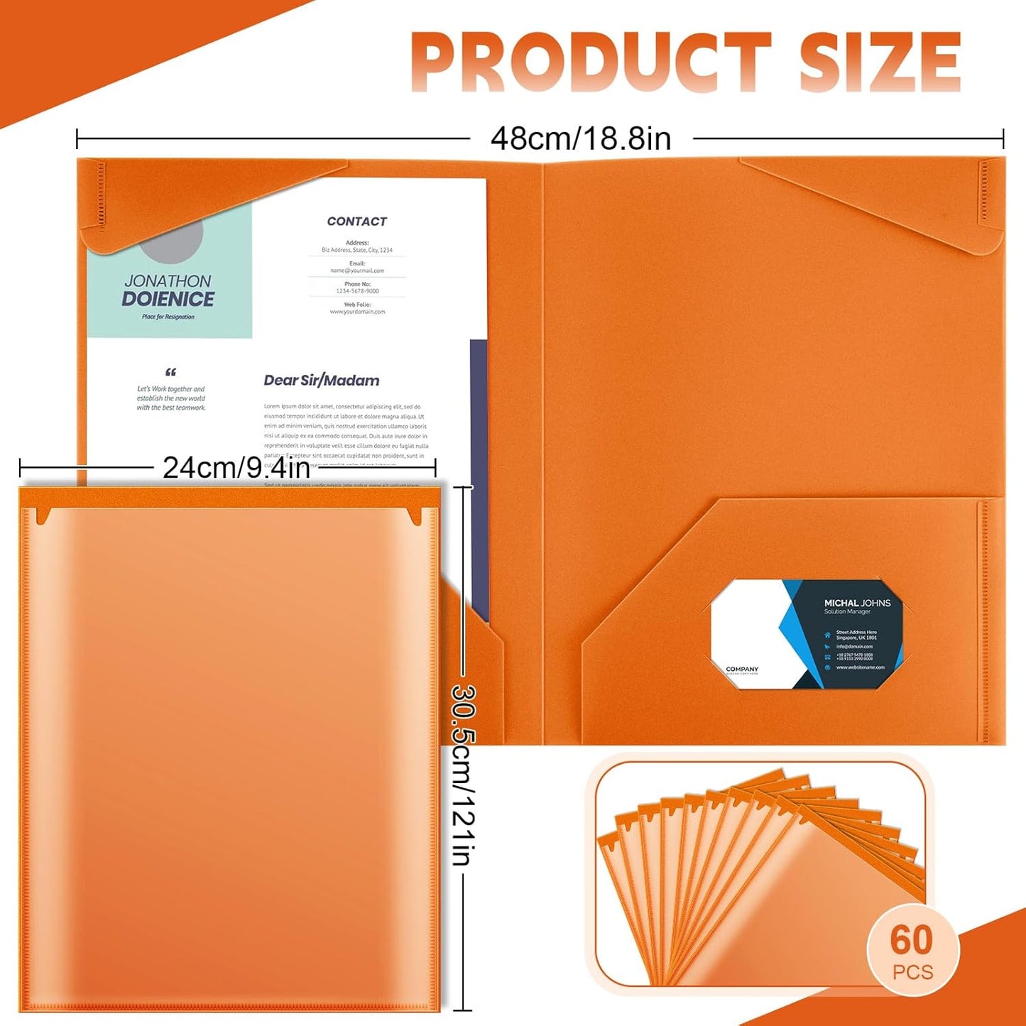 Henoyso 60 Pcs Plastic Folders with Clear Front Pockets Heavy Duty File Folders with 2 Pockets and Card Slot for Student Communication School Office Presentation Report (Orange)
