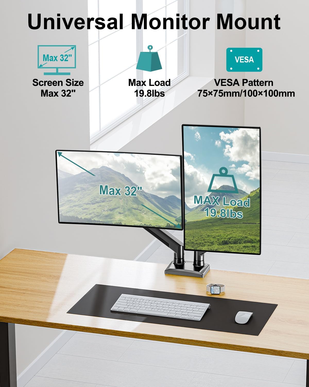 Dual Monitor Desk Mount - Adjustable Monitor Arm for 2 Monitors up to 32 inches/19.8 lbs, Double Monitor Desk Stand VESA Bracket with C-Clamp & Grommet Mounting, Swivel Computer Screen Mount, Freelift