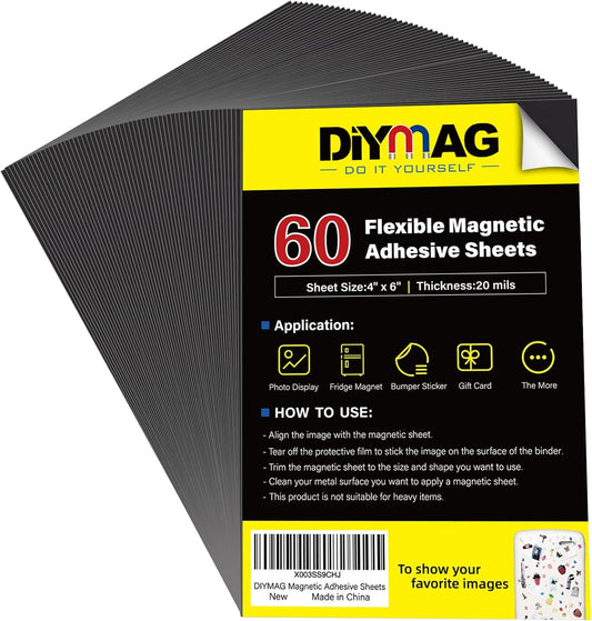 DIYMAG Adhesive Magnetic Sheets, |4" x 6"| 60 Packs, Flexible Magnet Sheets with Adhesive for Crafts, Photos and Die Storage, Easy Peel and Stick, Easy to Cut into Any Shape/Size (4" x 6"- 60P)
