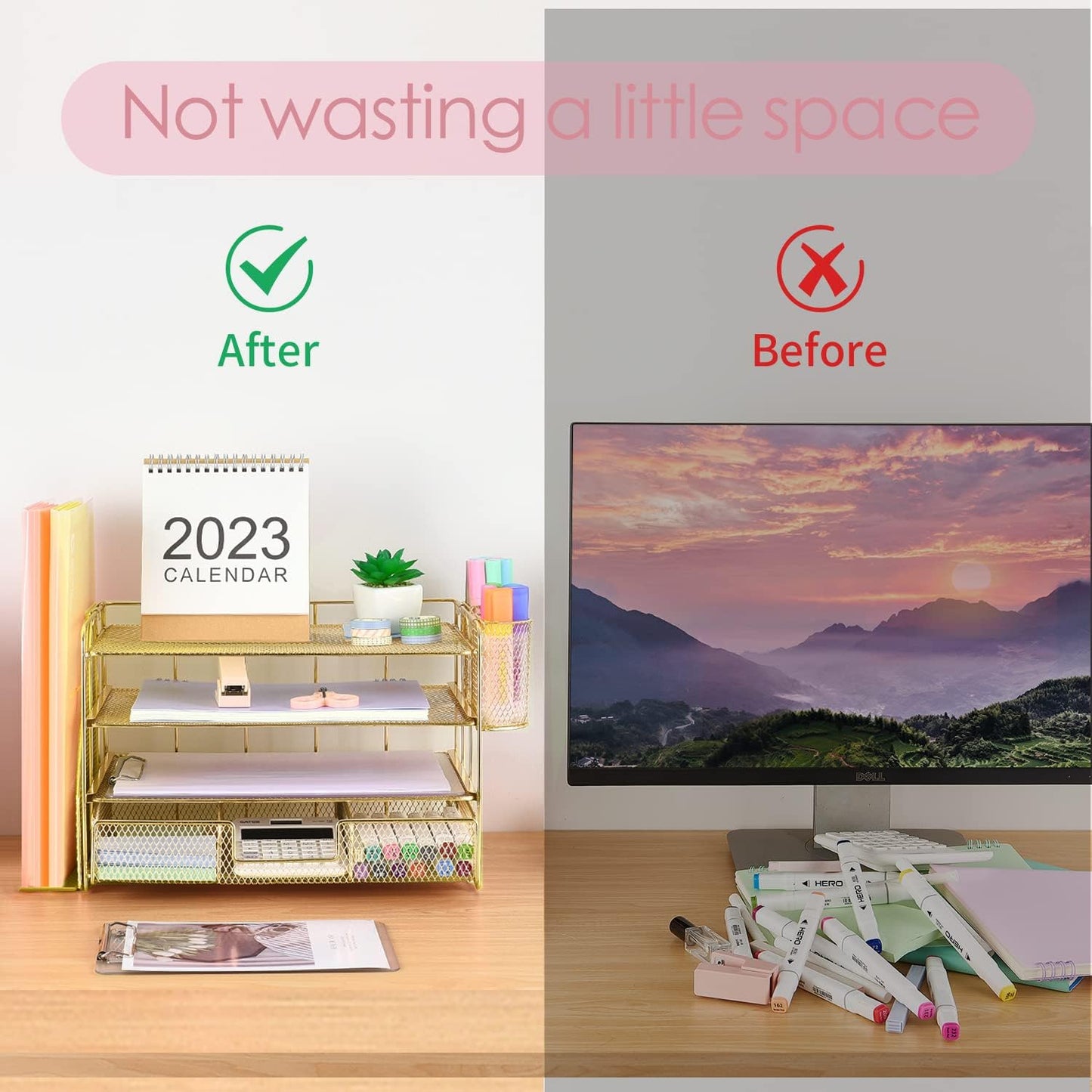 Desk Organizer and Accessories, 4-Tier Desktop File Organizer with Drawer and 2 Pen Holders, Office Desk Accessories for Office Supplies(Gold)