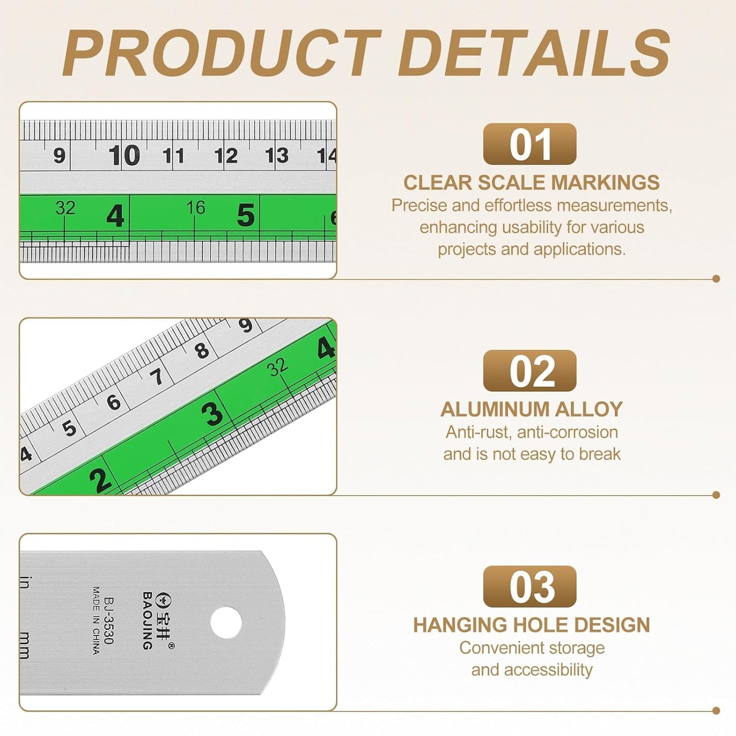 HARFINGTON 2pcs Metal Straight Ruler 15cm Metric SAE Aluminum Alloy Measuring Rulers Scale Tool with Hole for Measure Study Reading Classroom Office, Green