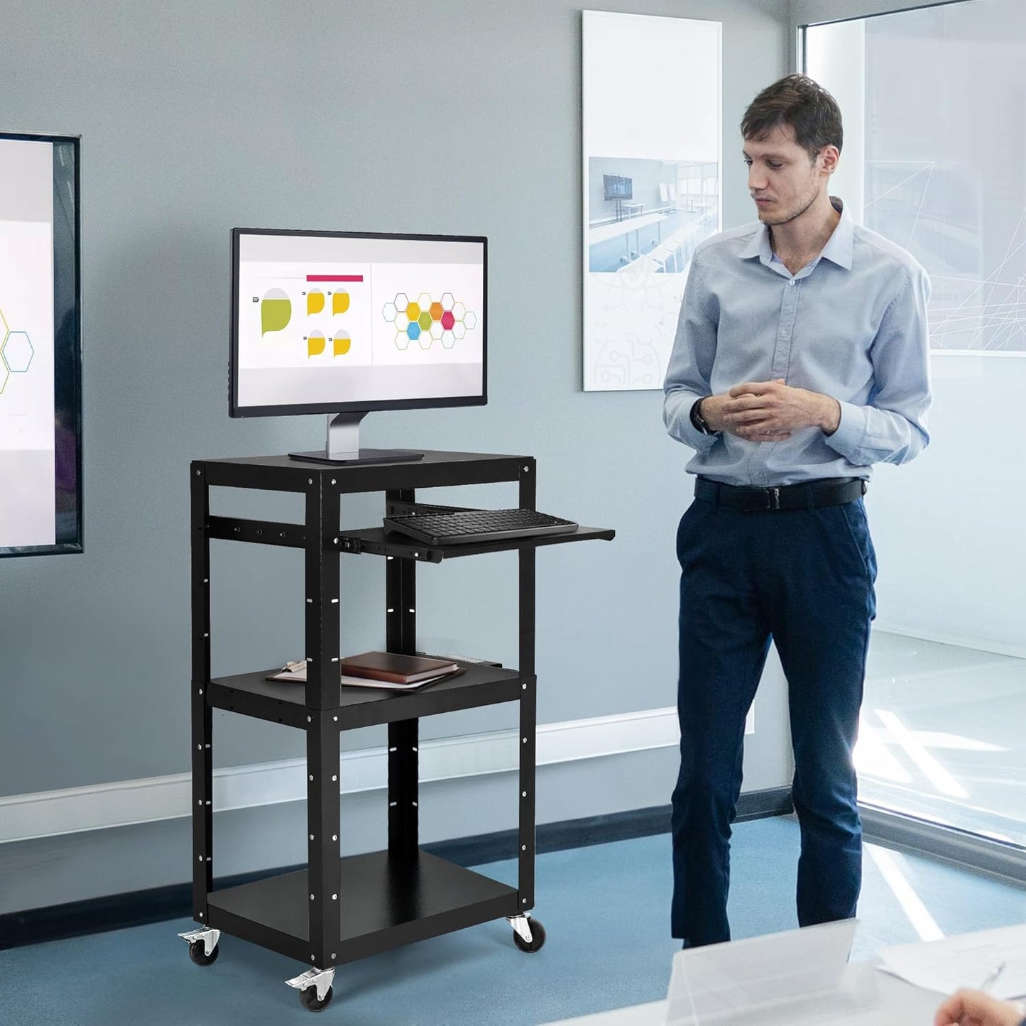 DWVO AV Cart with Wheels and Power 16.4ft Extra-Long Cord, Metal Presentation Cart with Keyboard Tray, Rolling Large Media Carts with 2 Locking Brakes, Easy to Assemble, Black