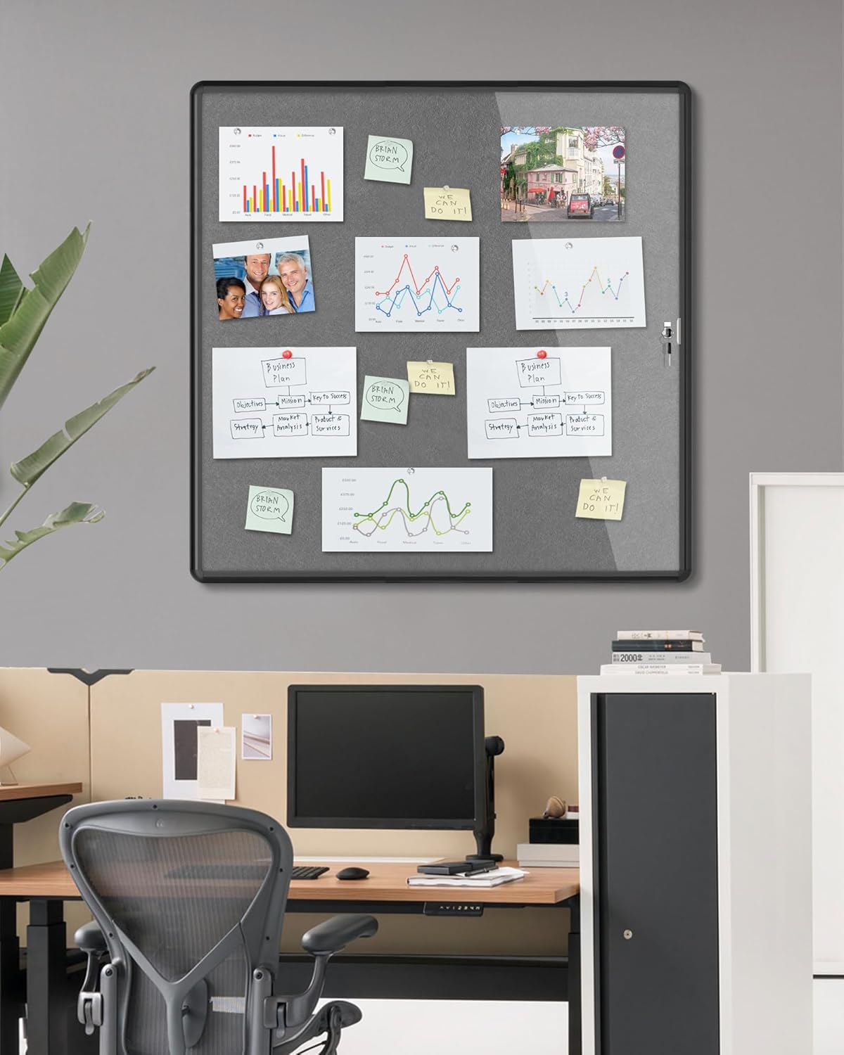 38"x38" Enclosed Bulletin Board, Lockable Weather-Resistant Aluminum Cork Noticeboard for School & Office, Black Frame w/Grey Flet