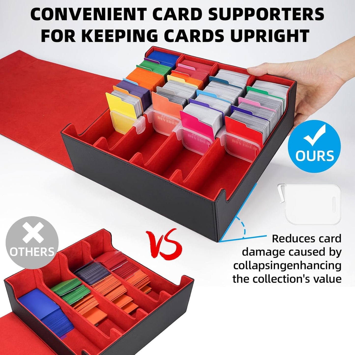 AFIING Trading Card Storage Box, MTG Deck Box with 48 Dividers & Supporters, Commander Card Deck Case Fits for Magic Game Cards, YugiOh, TCG, baseball and Sport Cards, Black Red 3200+