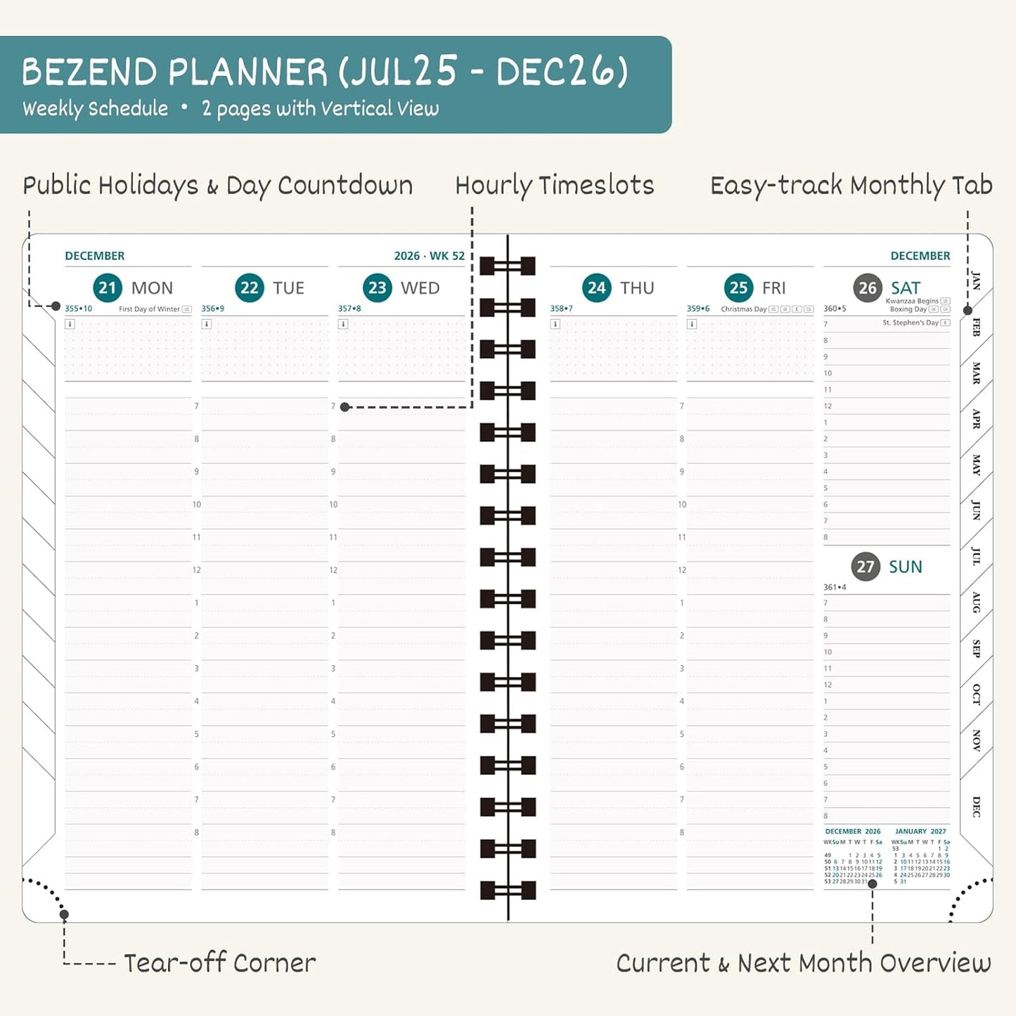 BEZEND Planner 2025-2026 Weekly and Monthly, 5.8" x 8.5" Academic Calendar (Jul 25-Dec 26) Vertical Daily Appointment with Hourly Timeslot & Monthly Tab, Spiral, PU Leather Softcover - Mint Green