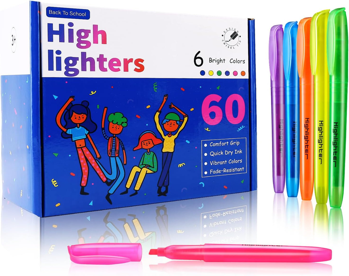 Highlighters Assorted Colors, 60 Pack Highlighters Bulk : No Bleed & Dry-Quickly, Highlighter Set : Chisel Tip & 6 Bright Colors, Highlighter Markers for school | college | office supplies