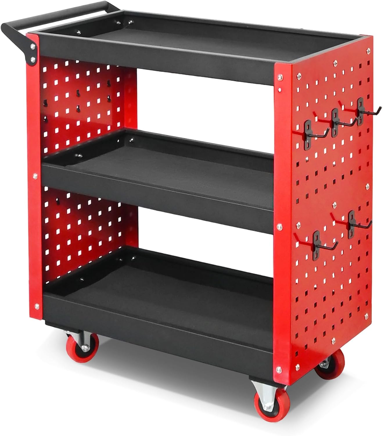 3 Tier Rolling Tool Cart on Wheels, 660LBS Load Capacity Heavy Duty Utility with Pegboard for Repair Shop, Garage, Warehouse, Workshop