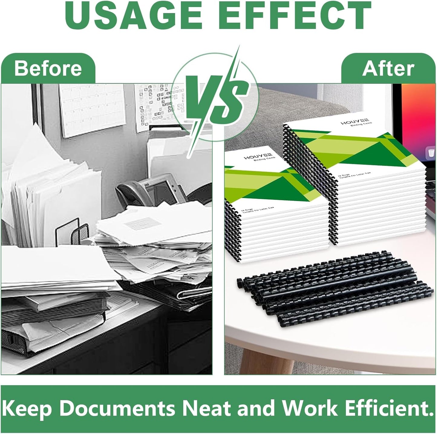 HOUYEE 1/4 Inch Plastic Binding Comb 19 Ring, 20 Sheet Capacity, Letter Size Black Comb Binding Spines (100 Pack)