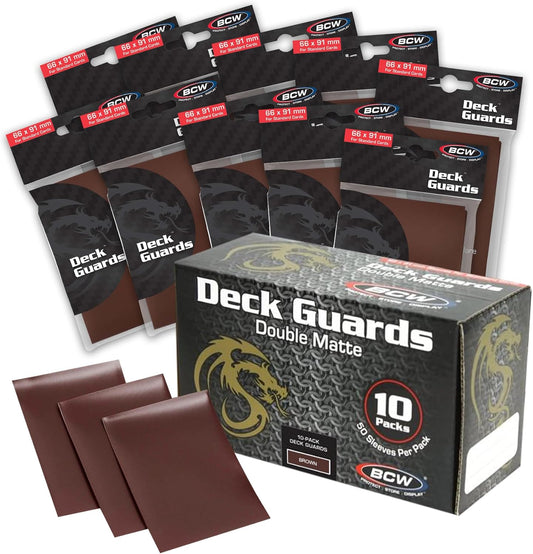 BCW Deck Guard Double Matte Card Sleeves – 500 Count (10 Packs of 50) – Acid-Free, No PVC – Fits 2.5" x 3.5" Game Cards – Archival Safe Card Protection – Brown