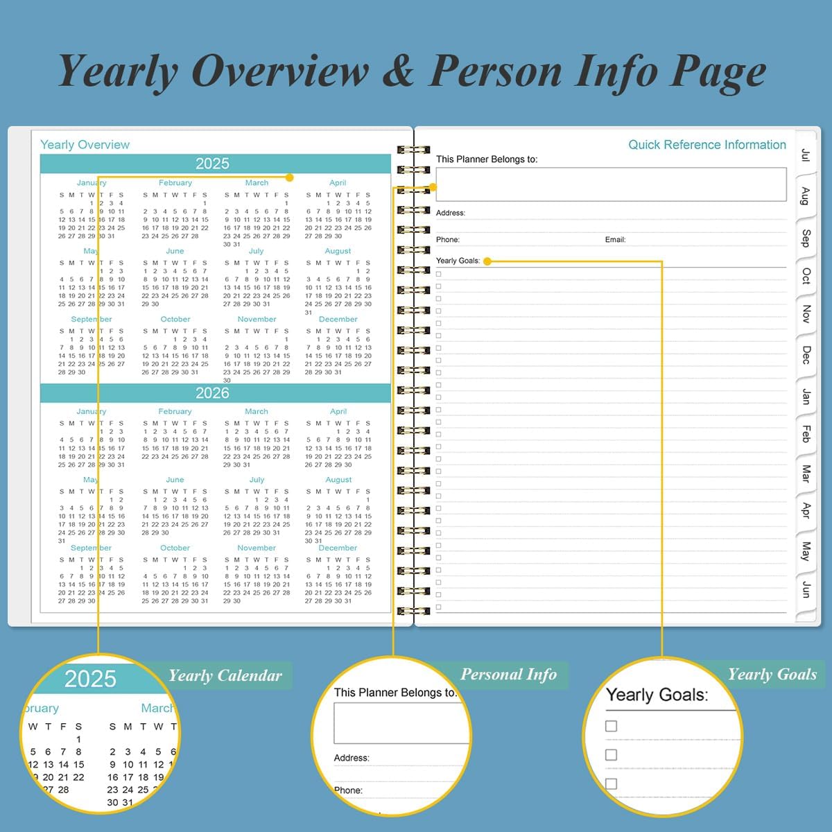2025-2026 Planner - Academic Planner 2025-2026 from July 2025 to June 2026 with 12 Monthly Tabs, Flexible Cover, Inner Pocket, 8.5" x 11", Blue