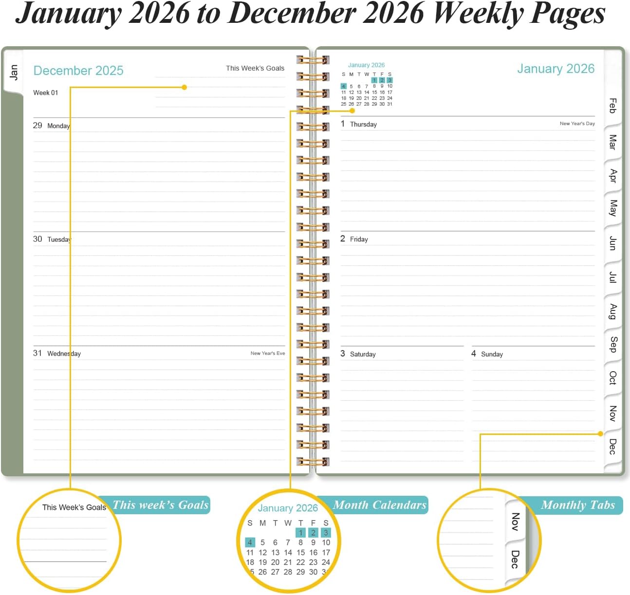 2026 Planner - Planner 2026 from January 2026 - December 2026, Weekly & Monthly Planner Spiral Bound with 12 Monthly Tabs, Inner Pocket, 6.4" x 8.5", Green-E