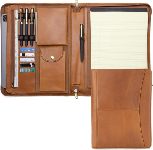 Genuine Leather Portfolio with Front Pocket for Men and Women, Zippered Padfolio Binder 8.5 x 11 Legal Pad Notebook Holder, Fits 13” Laptop, Professional Work File Case, Brown