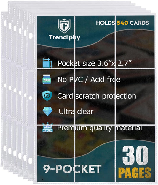 540 Pockets Trading Card Sleeves, Premium 9-Pocket 30 Pages, Double-Sided Baseball Binder Sleeves, Protectors Binder Sheets for Baseball Cards & More - Fits 3 Ring Binder (30 Sheets) (30 Sheets)