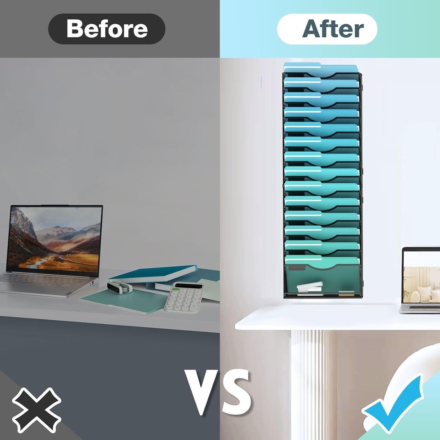 15-Tier Wall File Organizer Hanging Wall File Holder Wall Mount Paper Folder Organize, Mesh Magazine Document Mail Organizer Wall Organizer for Office School Home, Black