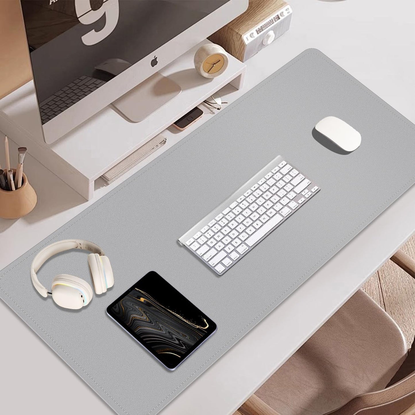 BLESWIN Large Desk Pad, 55'' x 17'', PU Leather & Cork, Office Desk Mat, Light Gray