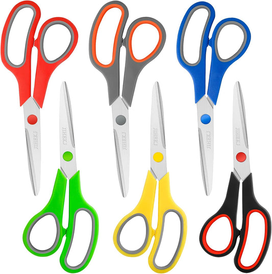 8" Scissors Bulk 6-Pack, All Purpose Scissors Stainless Steel Sharp for Office Home General Use Craft Supplies, High/Middle School Classroom Class Older Kids Scissor Set, Right/Left Handed