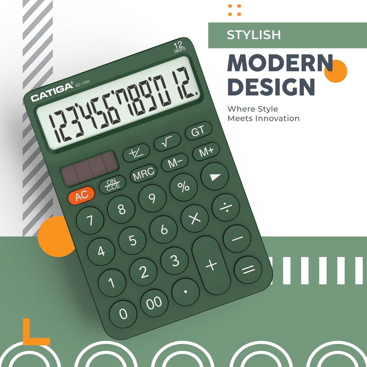 CATIGA 12 Digit Desktop Calculator Basic Desk Calculator with Large LCD Display, Big Buttons, 4 Function, Solar and Battery Dual Power, for Office, School, Home, SD-1292 Green