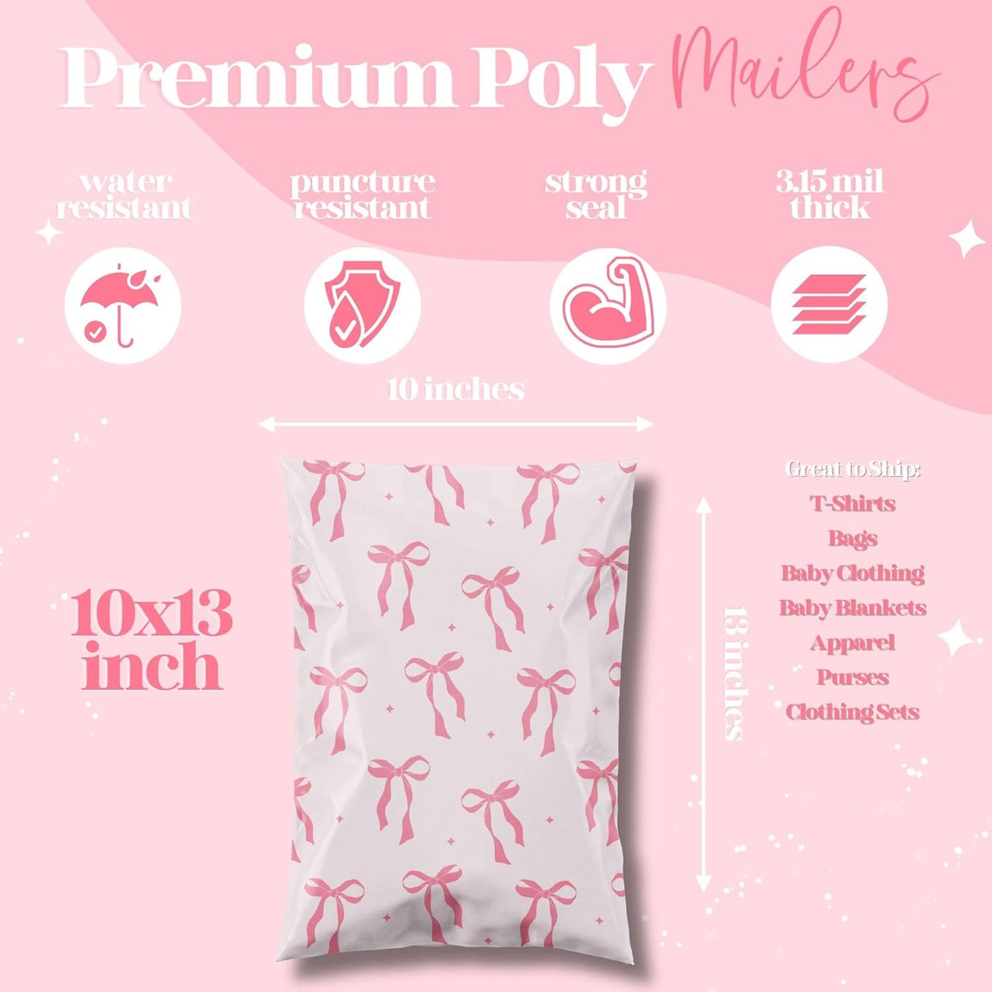10x13 Designer Poly Mailer 100 Pack Heavy Duty Waterproof Self Seal Shipping Bags for Small Business Large Mailing Envelopes Bulk Tear Resistant Packaging Pink Bows Coquette