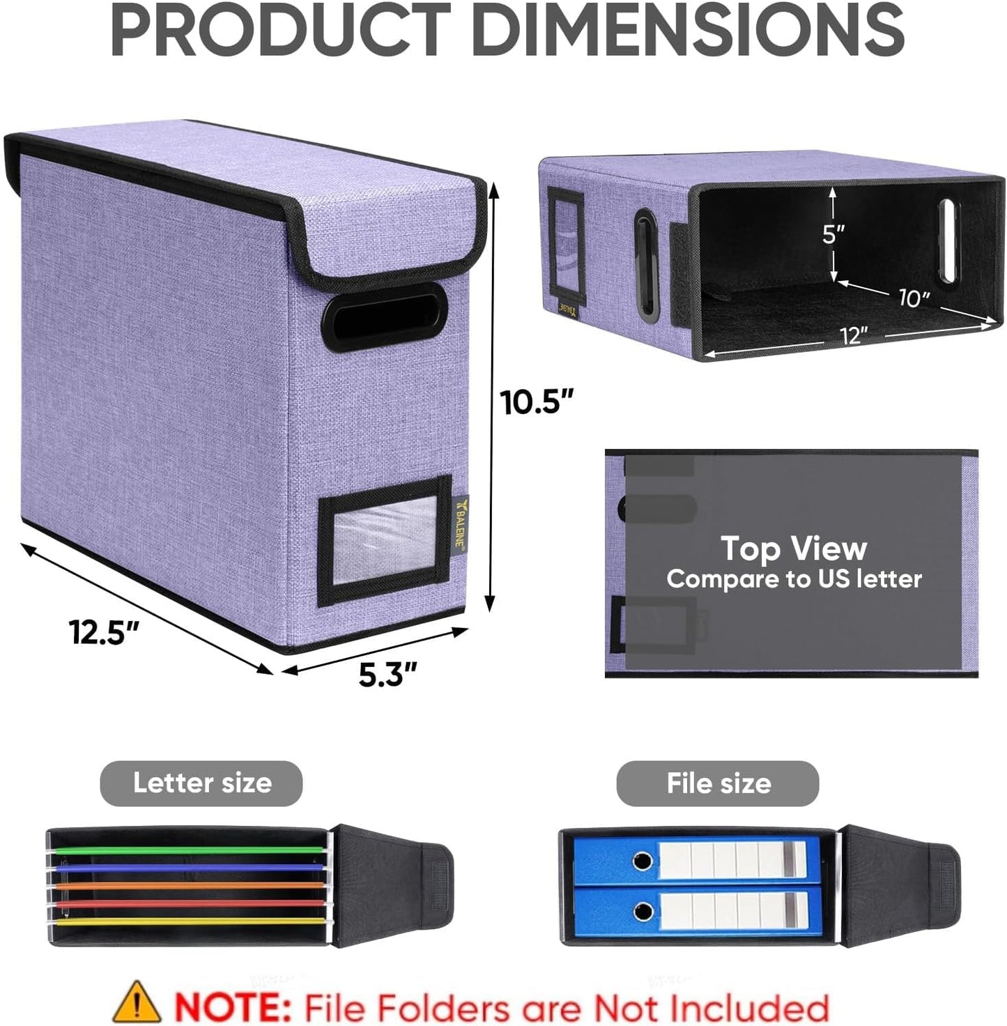 BALEINE File Organizer Box with Lid, Collapsible File Folder Organizer with Plastic Slide, Hanging File Folder Box for Office Document Storage (2 Pack, Purple, S)