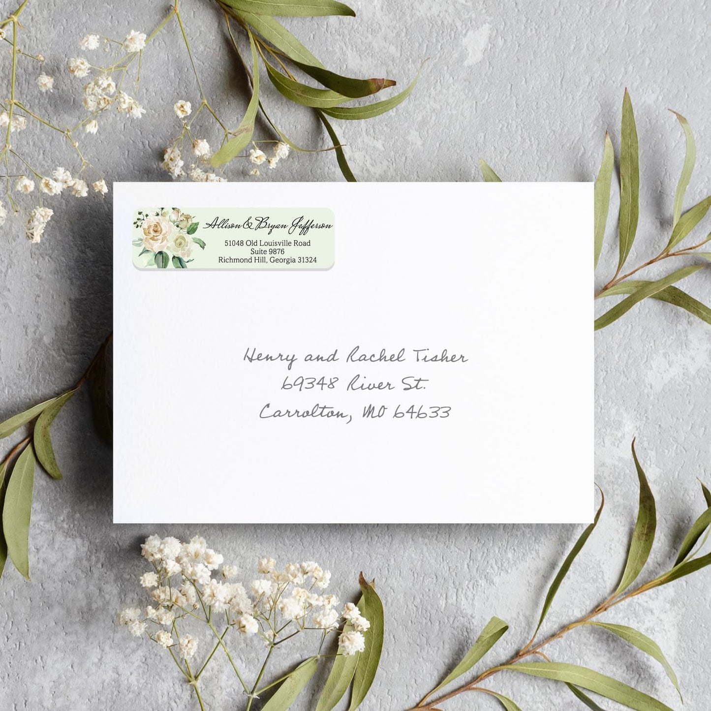 Green Watercolor Floral Rolled Address Labels / 500 Personalized Return Address Labels/Designer Address Stickers in Elegant Plastic Dispenser