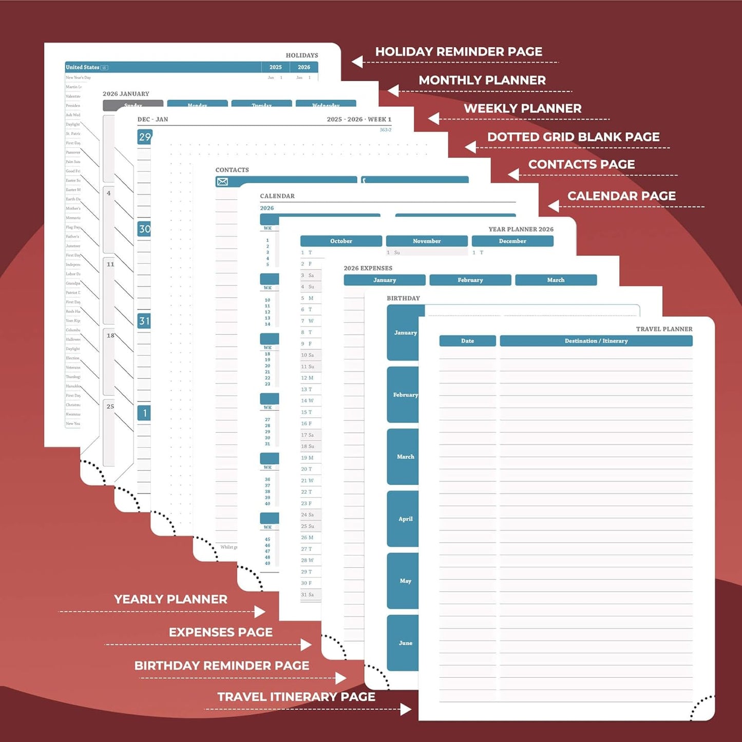 IN-LUXPRO Weekly Monthly 2026 Planner (Jan.26-Dec.26),8.5"x6.5",12 Months Agenda Plan with Month Tabs & Pocket,Expenses/Note Pages, Appointment Book Calendar with Hardcover Vegan Leather Cover,Red