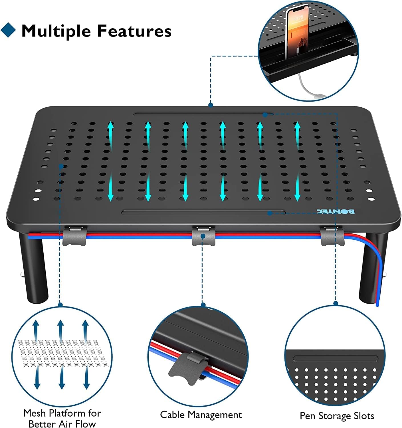 BONTEC 2 Pack Adjustable Monitor Stand Riser with Drawer, Ergonomic Mesh Platform for Laptop, PC, iMac, Printer, Supports up to 44 lbs/20kg with Cable Management Included