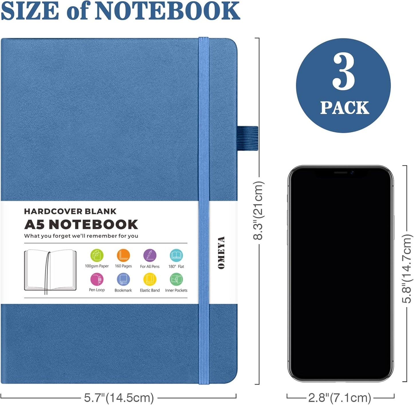 Blank Journal Notebook, 3 Pack A5 Sketch Book, Hardcvoer Sketchbook for Drawing with 100GSM Thick Paper, Leather Journal for Writing, Unlined Journal for Women, Men, School, 160 Pages, 5.7" x 8.4"