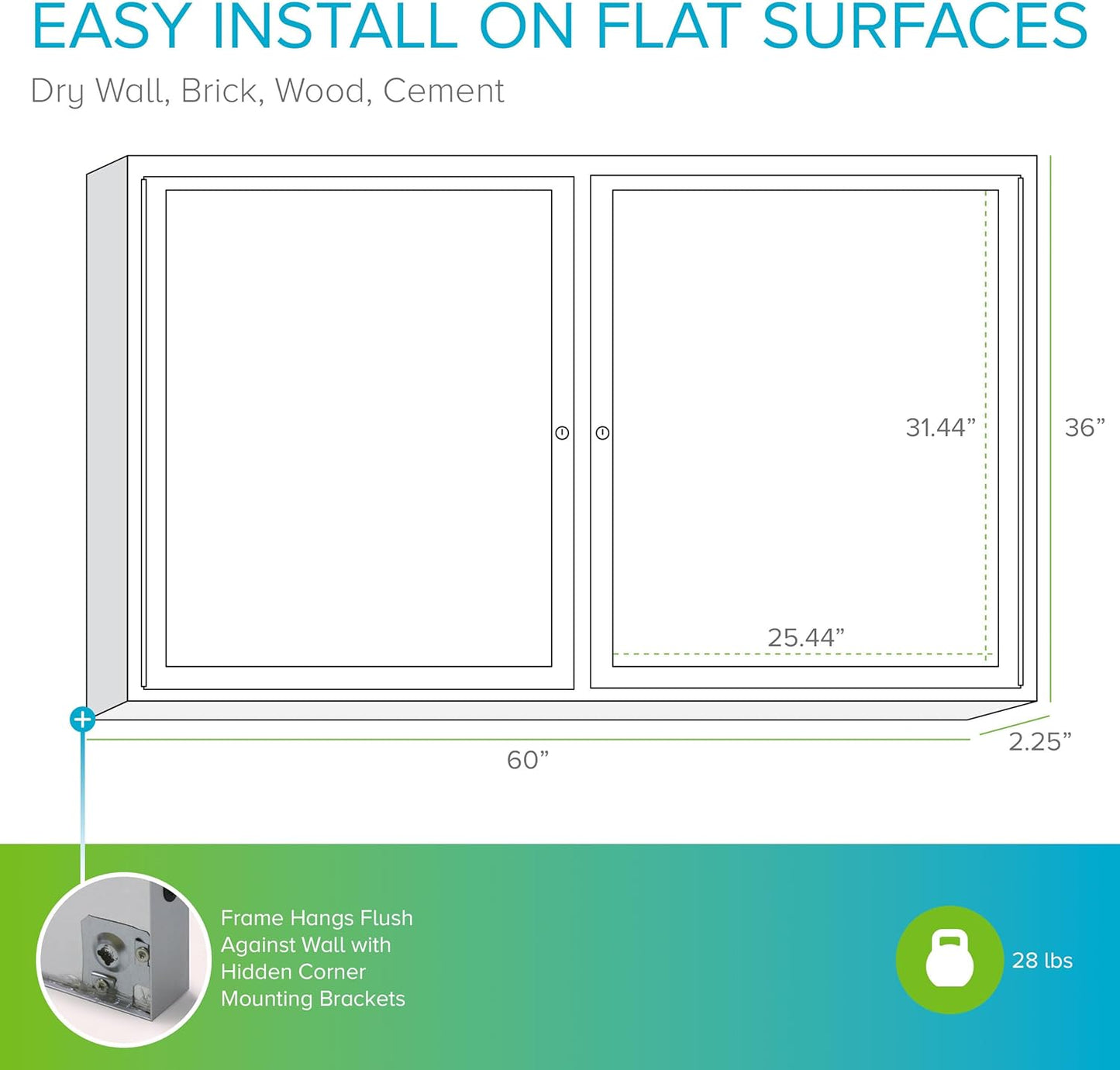 Ghent 36"x60" 2-Door indoor Enclosed Bulletin Board , Shatter Resistant, with Lock, Satin Aluminum Frame - Natural Cork (PA23660K) Made in the USA