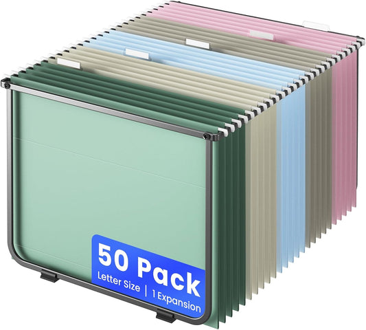Hanging File Folders Letter Size, 50 Pack File Organizer Folders, 1/5-Cut Tabs with Hanging File Folder Frame, Heavy Duty 1 Inch Expansion, Stay Organized for Your Home and Office Bulk File.