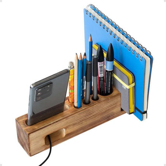 Hoffenwell Wooden Desk Organizer with Phone Holder – Stylish & Functional Book, Pen and Cell Phone Charging Stand - Solid Wood Pen Holder for Desk
