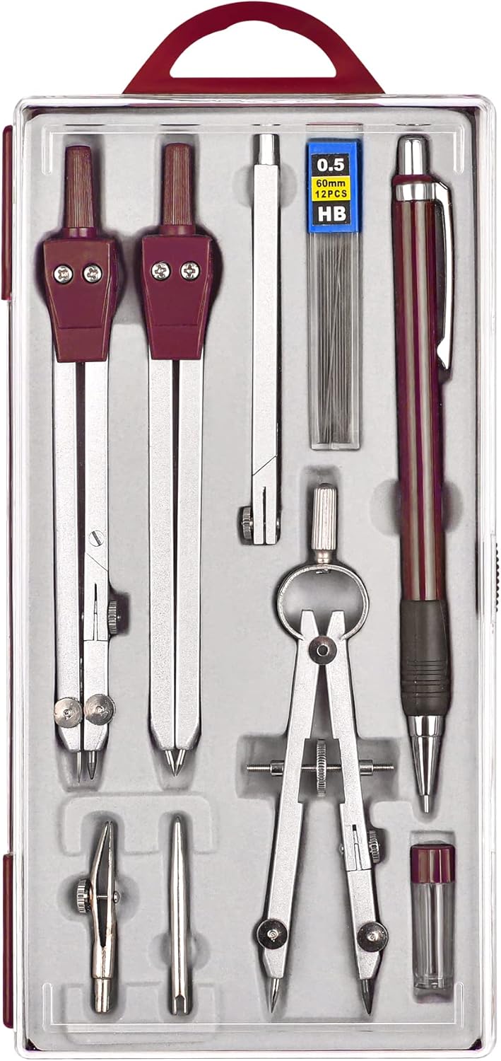 9Pcs Precision Geometry Set Metal Compass, Geometry Tool Tool Set with Shatterproof Storage Box, Circle Drafting Tool and Architecture, Drafting Kits for Engineers Students (Brown)