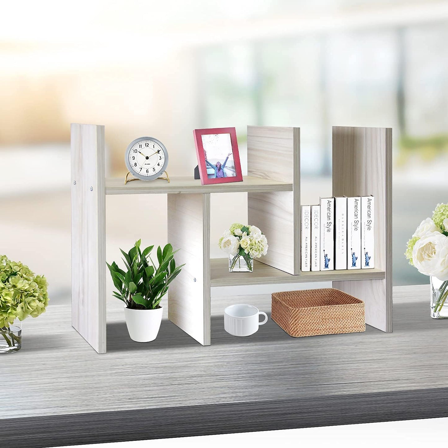 J.M.Deco Desktop Organizers and Storage for Office, Adjustable Desk Organizer Shelf Double H Display, True Natural Stand Shelf, Desktop Organizer White Wood Tone