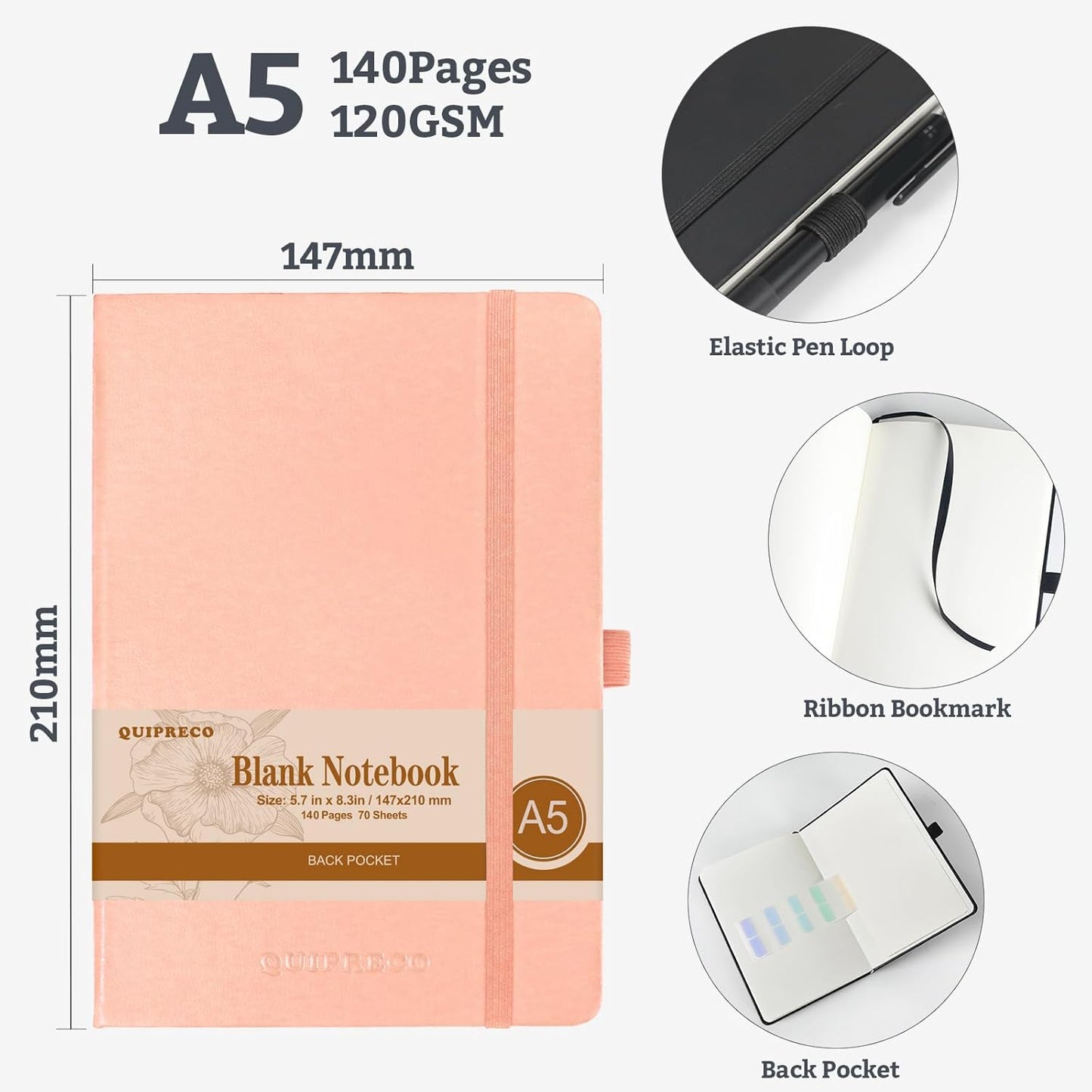 2Pack Blank Hardcover Sketch Book Notebook, A5 140 Pages 120Gsm Thick Journal for Drawing,School,Work,Diary，5.7''*8.3'',Blush