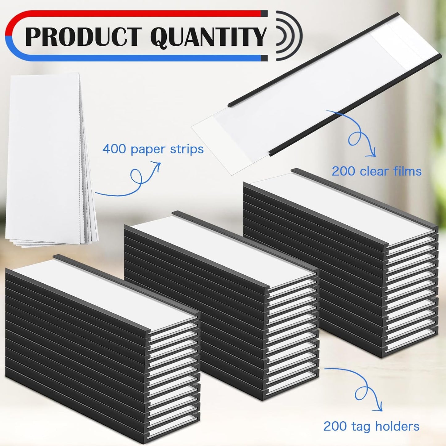 200 Pcs 6" x 2" Magnetic C Channel Label Holders with Replacement White Paper and Clear Plastic Films, Magnetic Cards Name Tags for Rack Shelf Warehouse Labels Accessories