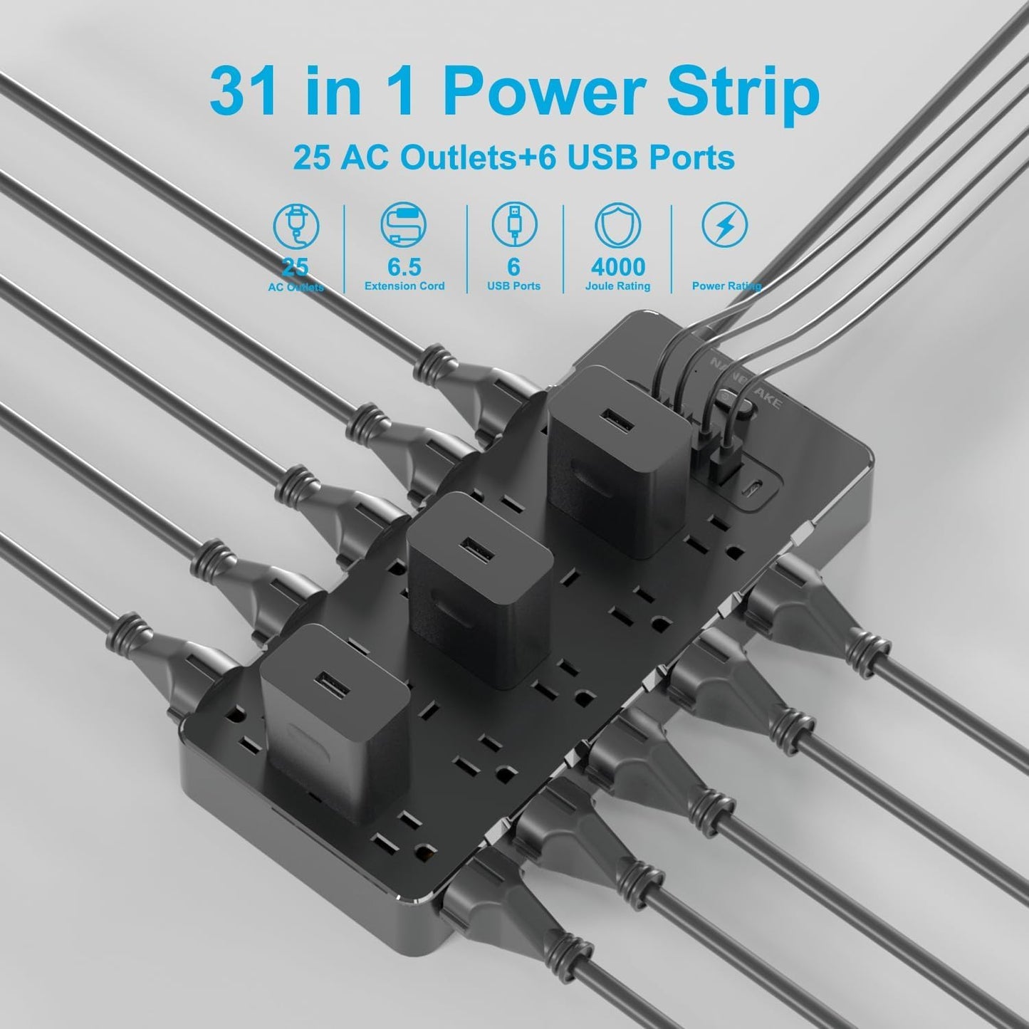 Heavy Duty Surge Protector Power Strip - 25 AC Outlets, 6 USB Ports, 4000J Protection, 6.5ft 14AWG Extension Cord, Flat Plug, Mountable,ETL Listed