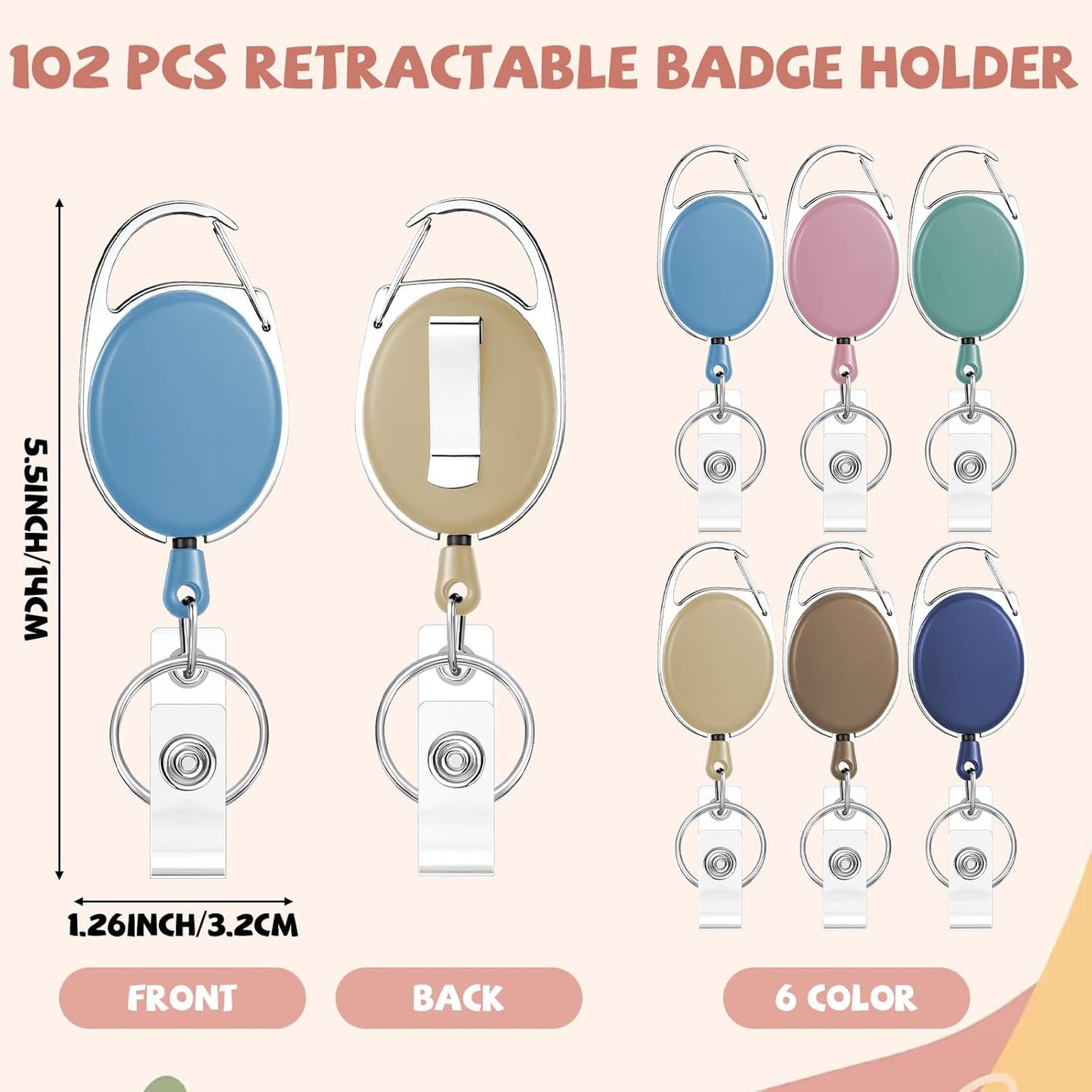 6 Color 102 Pcs Retractable Badge Holder with Carabiner Clips and Key Ring ID Badge Holder Retractable Clip Bulk for Office Worker Doctor Nurse Employee School Students Gifts