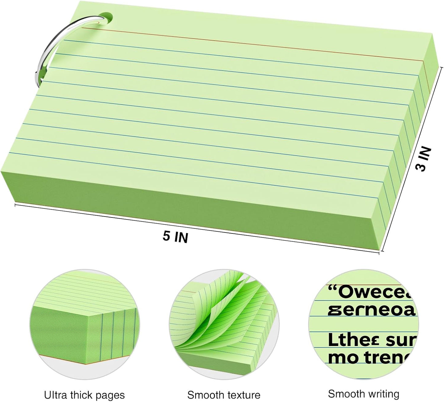 250 Count Green Index Cards 3x5 Inch with Key Ring, Color Flash Index Card (50 Sheets Each), Durable & Portable Note Taking for Students, Teachers, Study Note Cards for Office Home School