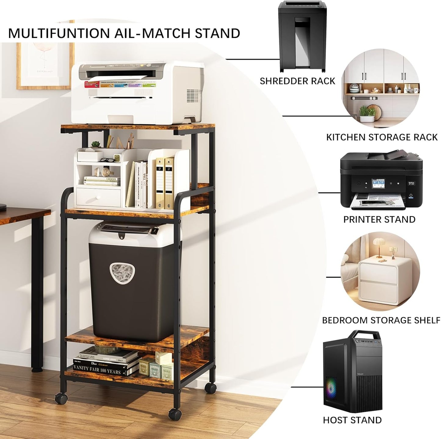 4 Tier Printer Stand with Storage Shelf, Large Tall Printer Cart with Wheels, Mobile Printer Table for Home Office, Adjustable Stands for Heat Press Scanner Fax (Brown)