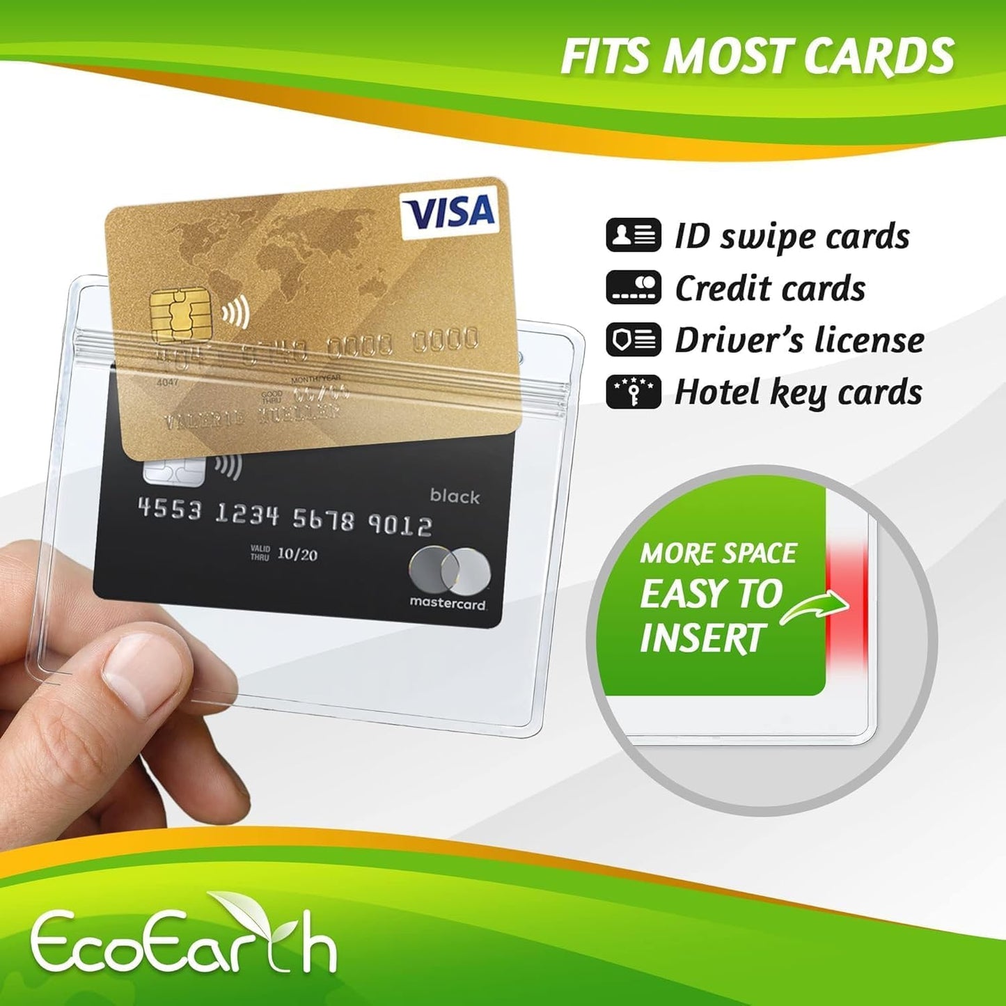 EcoEarth - Horizontal PVC Card Protector with Metal Clips and Vinyl Straps with Soft Edge - Sealable Fits 4x3 inch Inserts - Clear, 25 Pack - Waterproof ID Holder Bulk - ID Card Holder